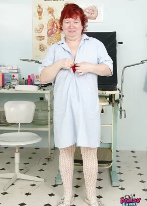 Fatty mature nurse taking off her uniform and toying her hairy vag