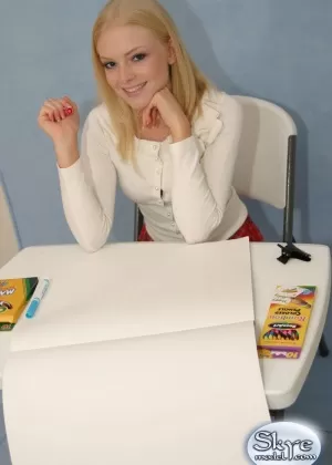 Blonde schoolgirl Skye Model exposes her upskirt underwear during SFW action