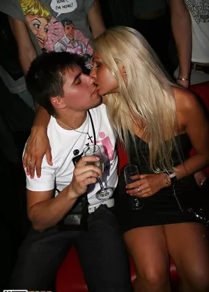 Pretty amateur teen blonde having fun with her friends at the party